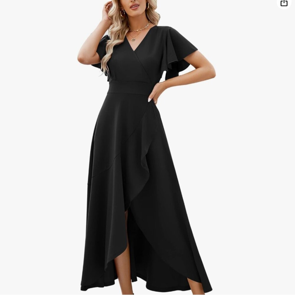 ZZV Split Elegant V Neck Wrap Ruffle Wedding Guest Dresses (Black, L)